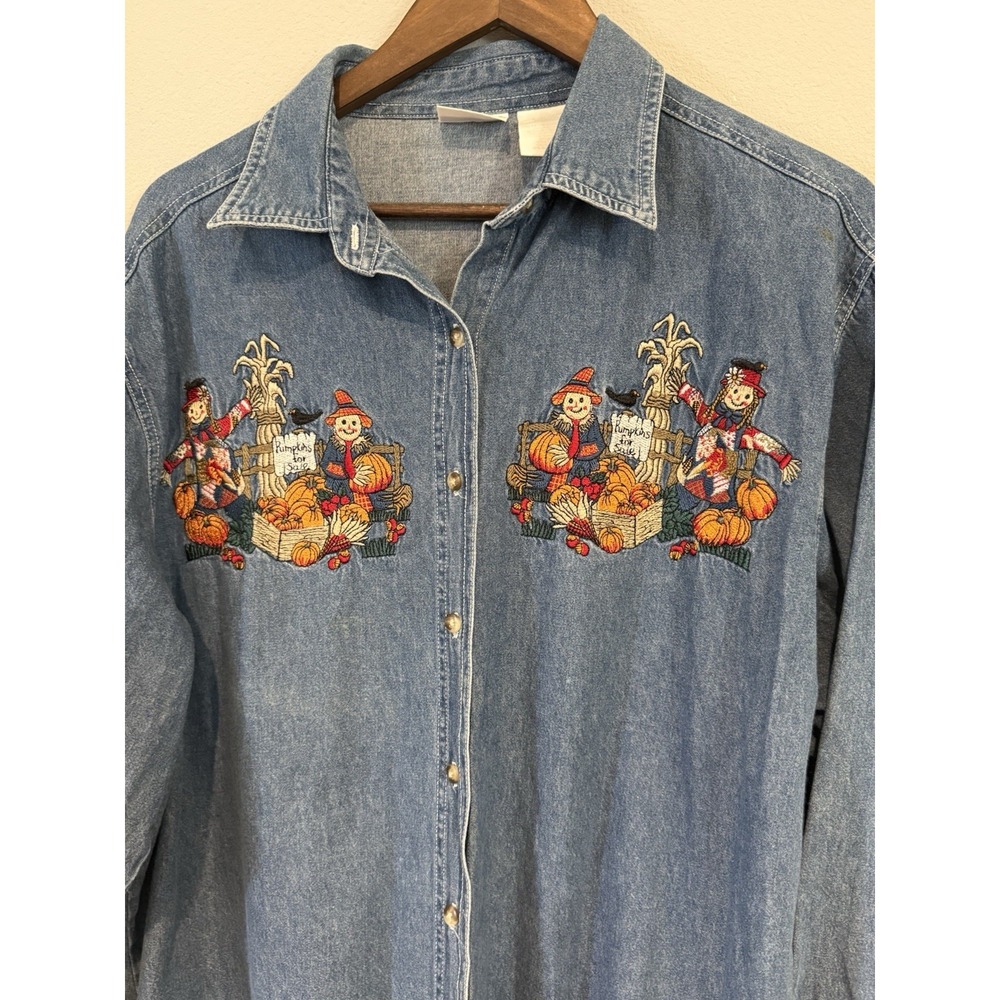 Bobbie Brooks Embroidered Fall Pumpkin Scarecrow Denim Button Shirt Women's XL - Picture 3 of 8